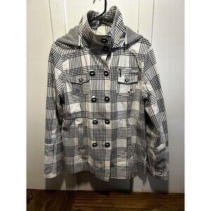 HURLEY Trench Coat Medium Checkered Hood Double Breasted Parka Jacket Button Zip